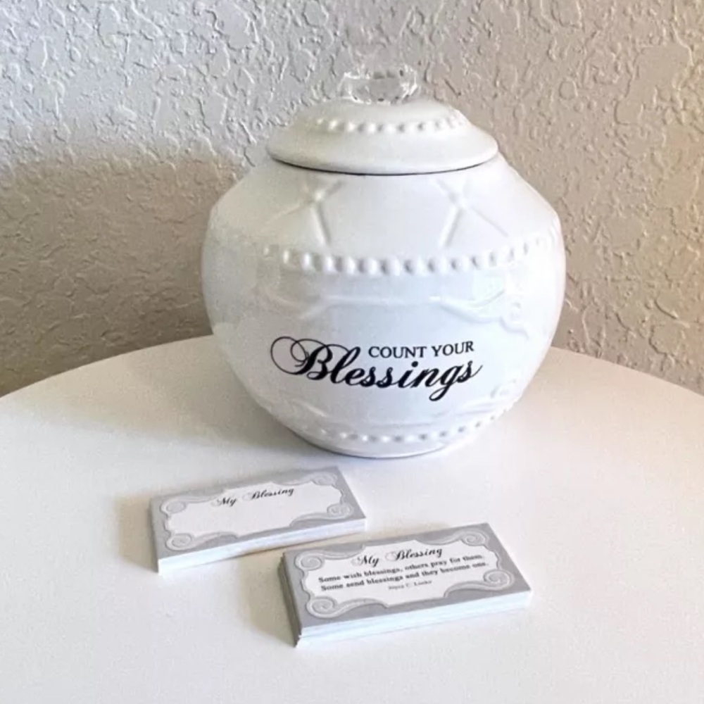 Count Your Blessings Ceramic Jar w/Lid Including Blessing Cards Printed & Blank